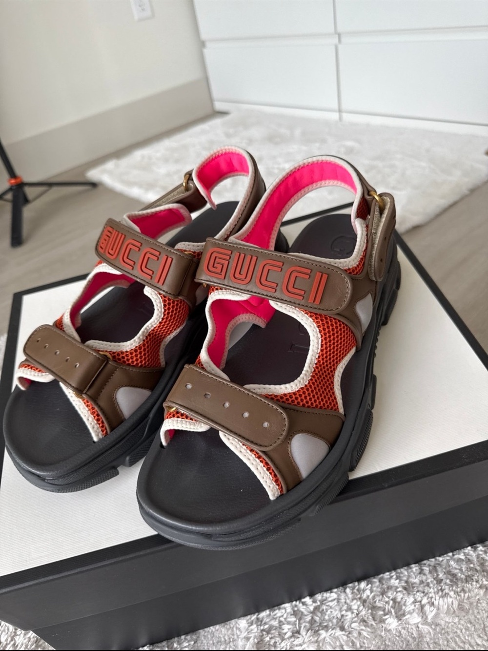 Gucci Brown, Orange & Black Leather Mesh Sport Sandals